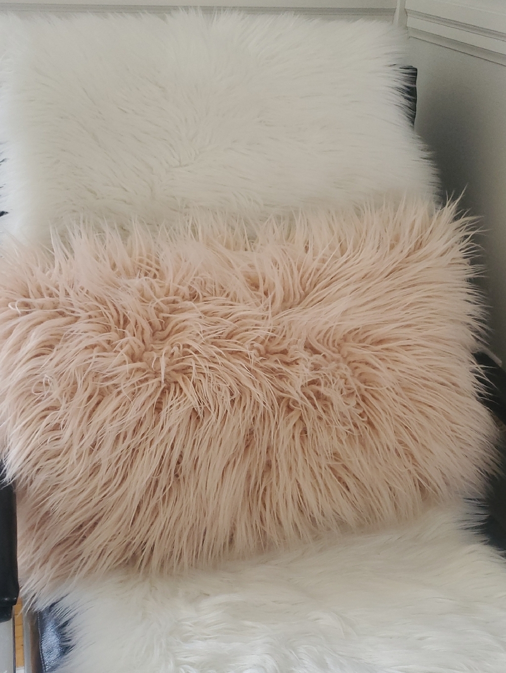 Large Plush Mongolian Fur Throw Pillow in Blush Pink